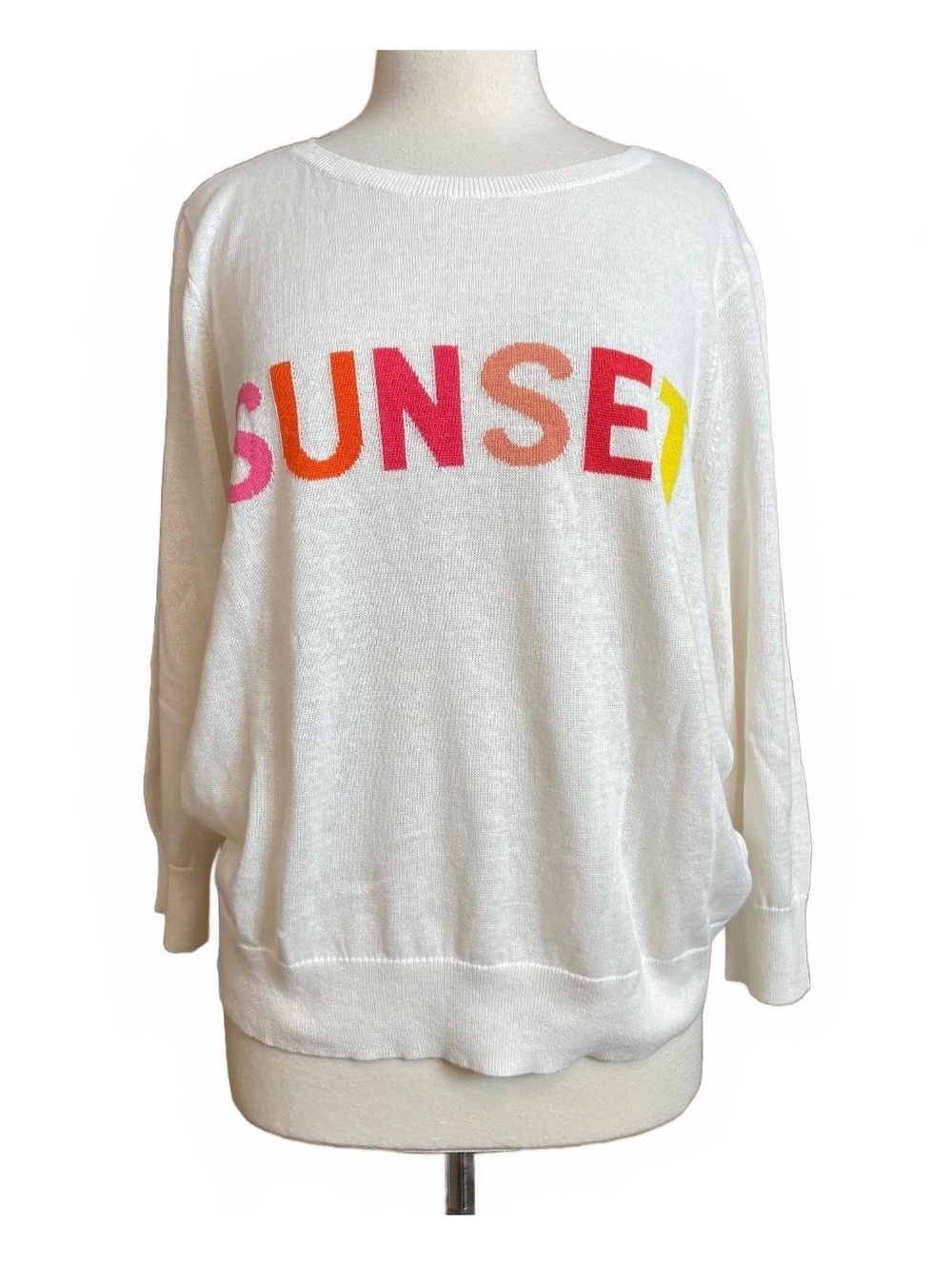 LOFT white linen-blend sweater with vibrant multicolored "SUNSET" graphic XL